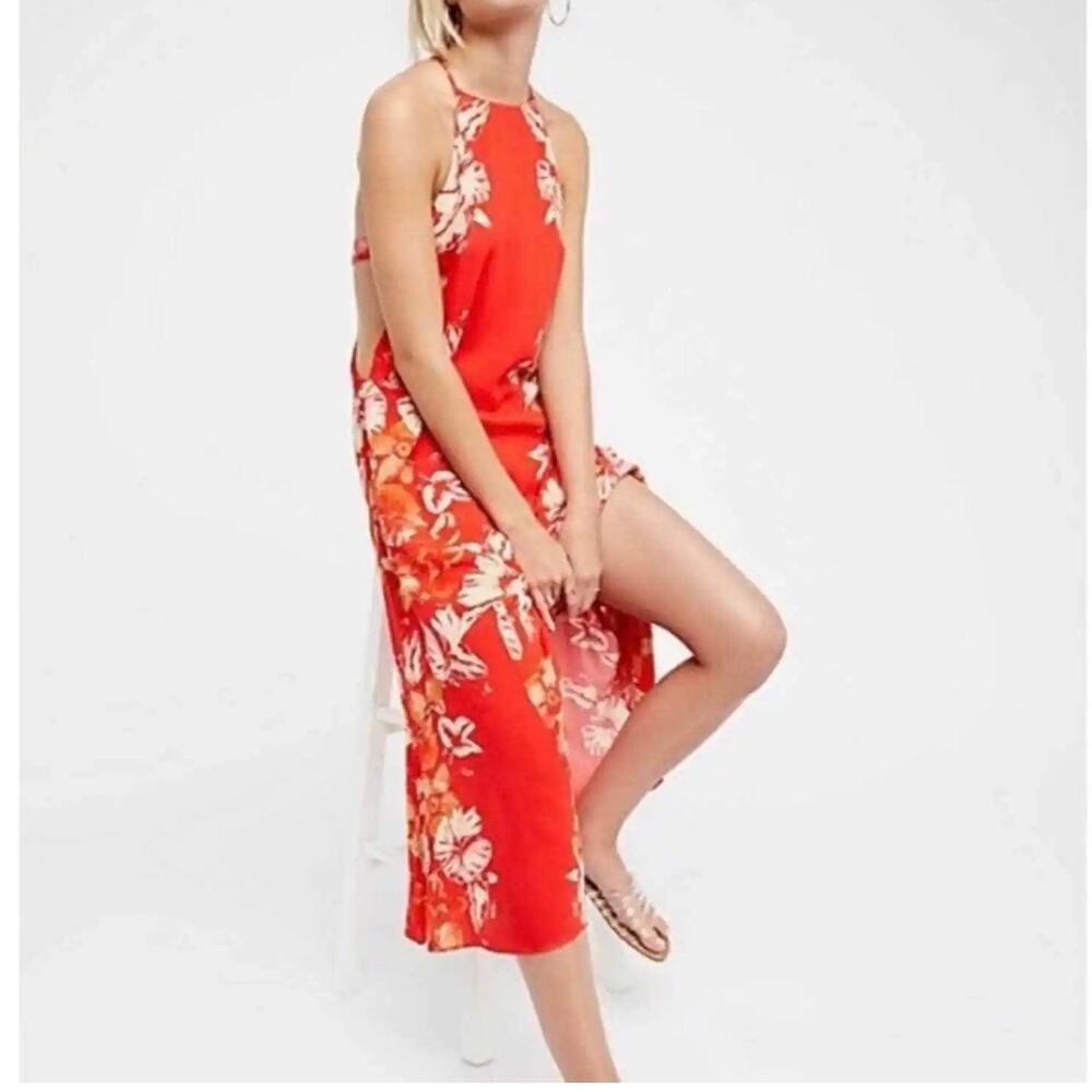 Free People Back To You Floral Cage Side Midi Dress Women's Small Red